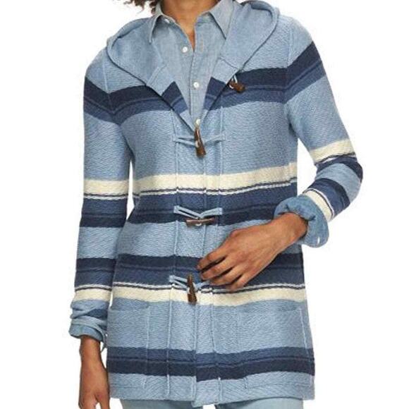 Chaps Toggle Hooded Cardigan Jacket MEDIUM Blue Striped Knit Cotton Blend Casual - Picture 1 of 10